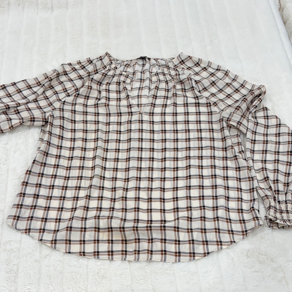 Ann Taylor Cream and Brown Plaid Blouse